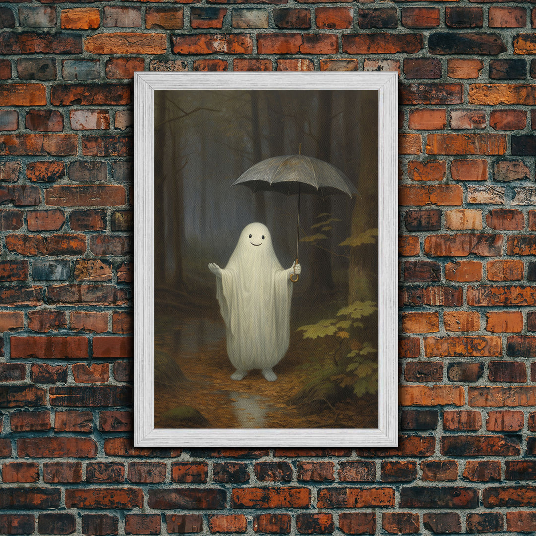 Goofy Ghost In The Rain,  Vintage Halloween Canvas, Framed Canvas Print, Cute Wall Art, Who's Haunting Who?