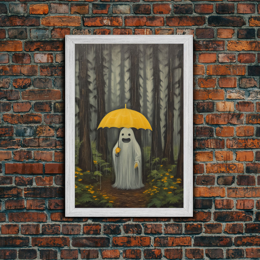 Happy Ghost In The Rain,  Vintage Halloween Canvas, Framed Canvas Print, Cute Wall Art, Who's Haunting Who?