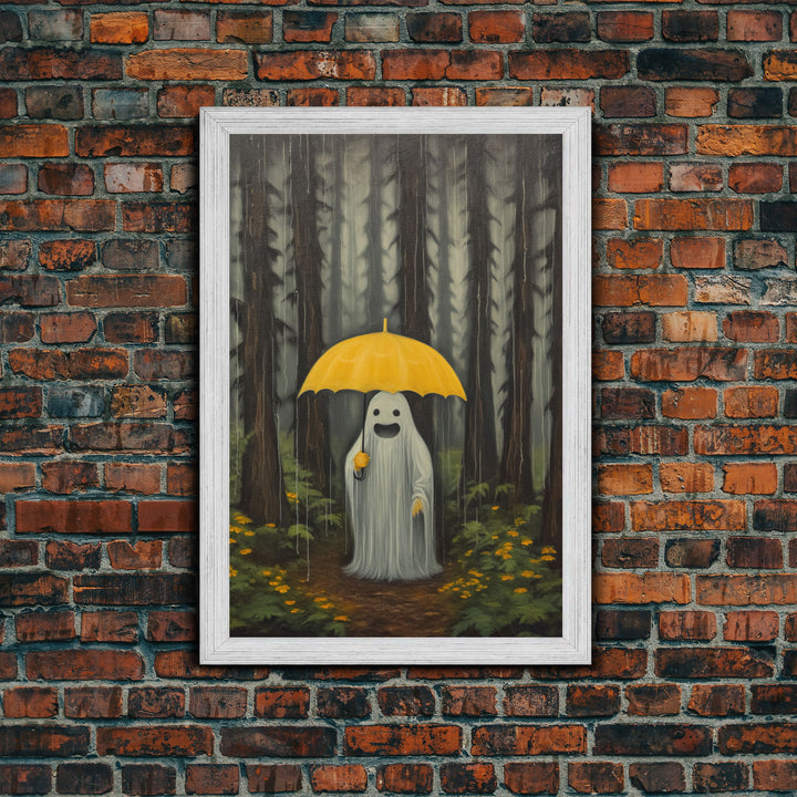Happy Ghost In The Rain,  Vintage Halloween Canvas, Framed Canvas Print, Cute Wall Art, Who's Haunting Who?