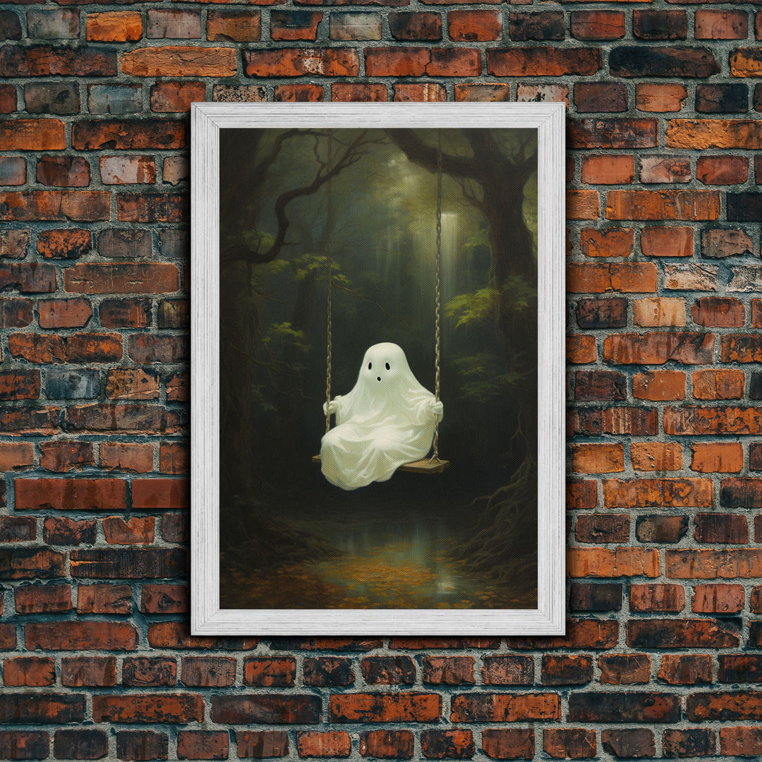Cute Little Boo Playground Ghost, Funny Halloween, Vintage Halloween Canvas, Framed Canvas Print, Cute Wall Art, Ghost On A Swing, Macabre