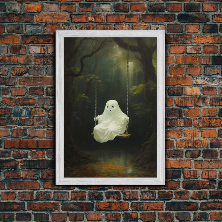 Cute Little Boo Playground Ghost, Funny Halloween, Vintage Halloween Canvas, Framed Canvas Print, Cute Wall Art, Ghost On A Swing, Macabre