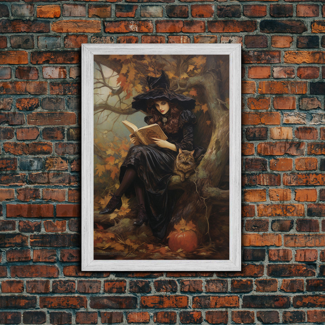 Pretty Witch Reading Spells To Her Black Cat Familiar, Vintage Halloween Art, Framed Canvas Print, Halloween Canvas Art, Witchcraft