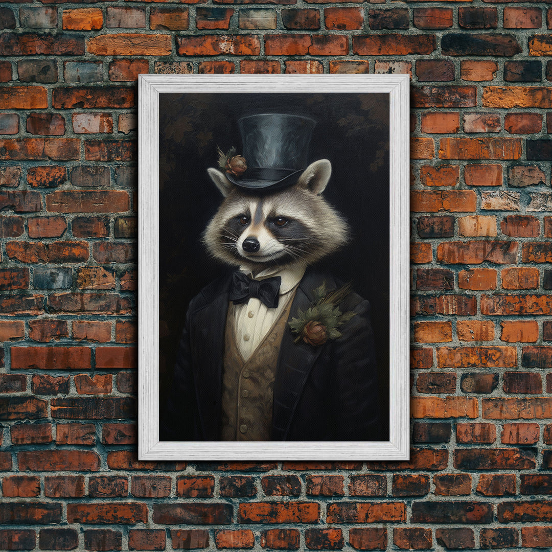 Distinguished Dapper Gentleman Raccoon, Funny Animal Prints, Humorous Art, Framed Canvas, Wall Art, Canvas Print, Funny Halloween Decor
