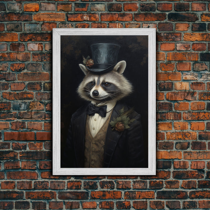Distinguished Dapper Gentleman Raccoon, Funny Animal Prints, Humorous Art, Framed Canvas, Wall Art, Canvas Print, Funny Halloween Decor
