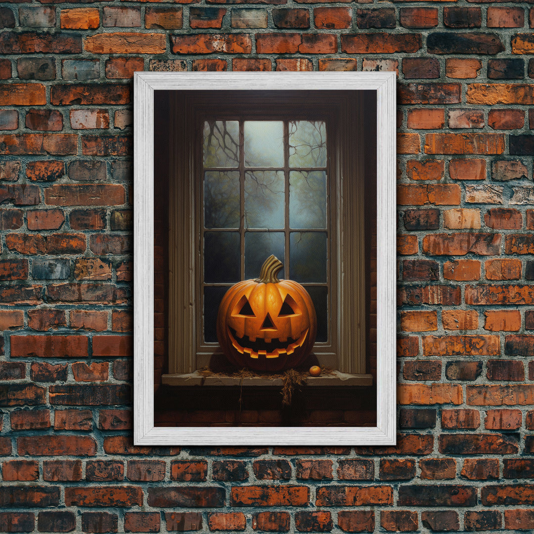 Spooky Jack O' Lantern In A Window Sill, Framed Canvas Print, Halloween Canvas, Halloween Art, Dark Academia, Art Canvas Print