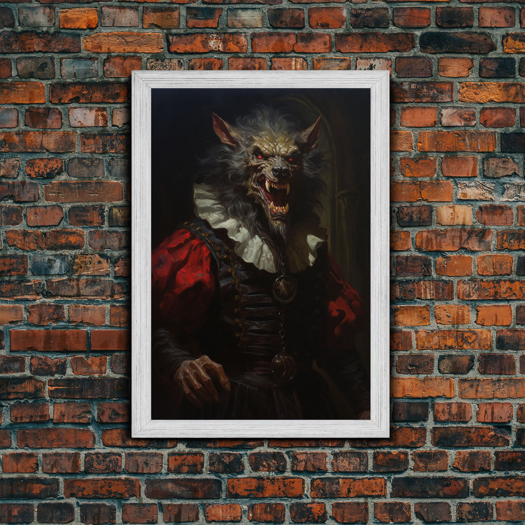 Victorian Business Werewolf Workin' 9 to 5, Framed Canvas, Halloween Canvas Print, Vintage Halloween Funny Gothic Decor