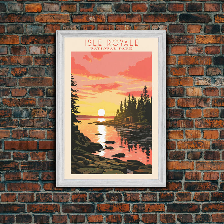 Isle Royale National Park Michigan Travel Art, National Park Print, Minimalist Travel Art, Midcentury Modern Style Landscape Painting