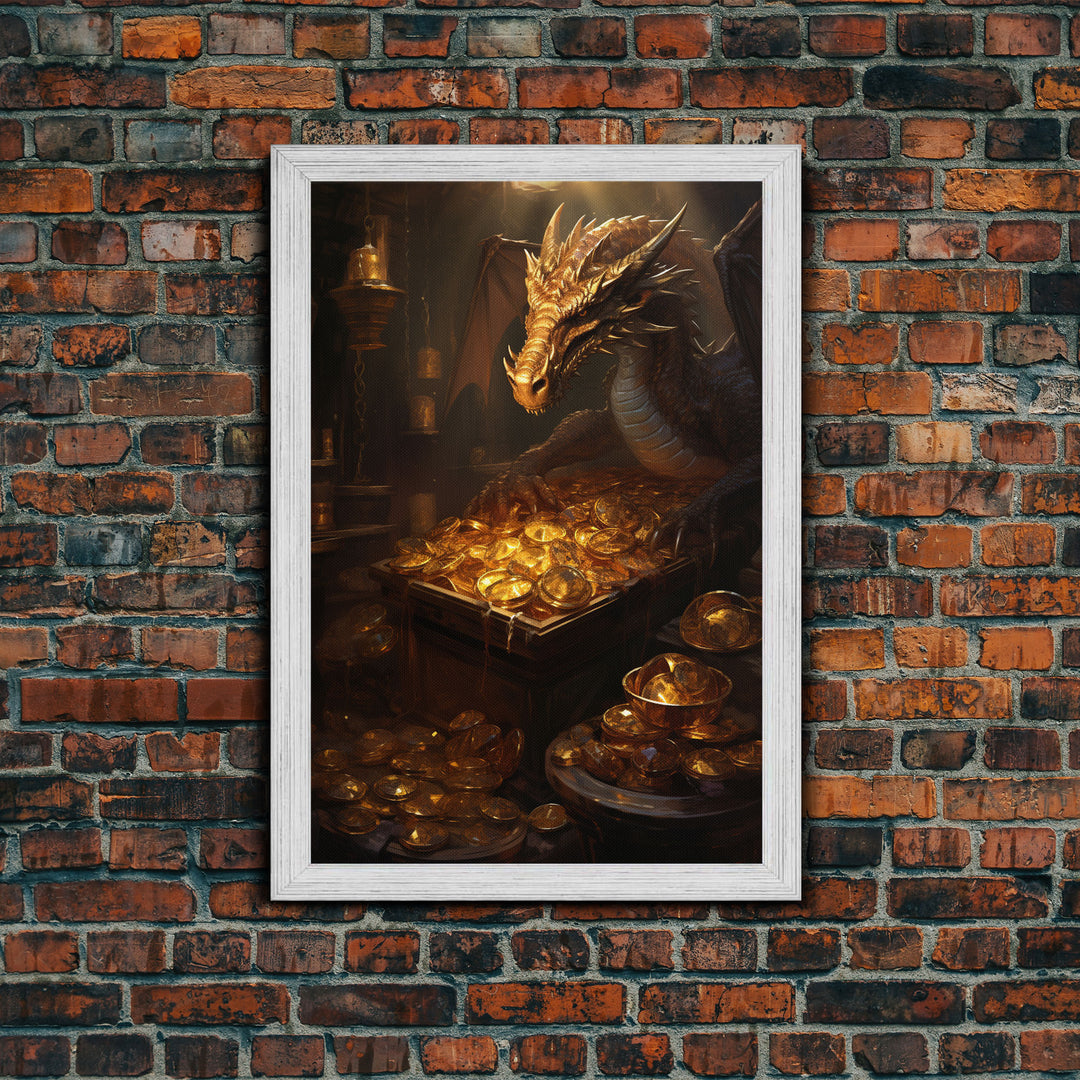 Dragon Art, Fantasy Art, Treasure Chest, Canvas Print, Wall Hanging, Portrait Art, Video Game Art, Nerdy Home Decor, Gift For Friend