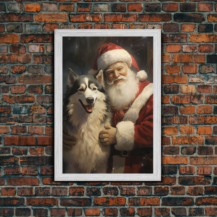 Santa Claus Holding An Alaskan Malamute,  Christmas Wall Art, Dog Gift, Christmas Dog, Winter Wall Art, Santa Decor, Santa Art Print