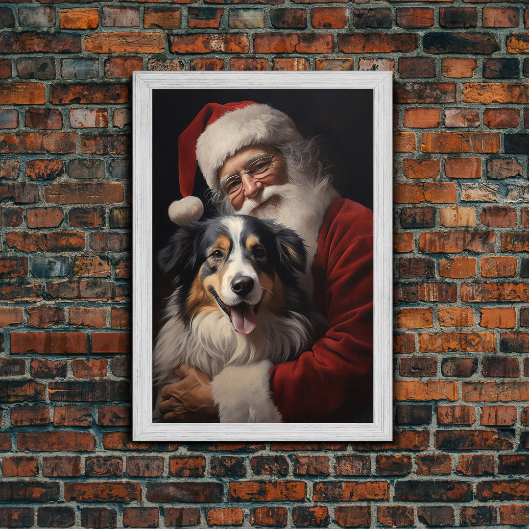 Santa Claus And His Australian Shepherd, Christmas Wall Art, Dog Gift, Christmas Dog, Winter Wall Art, Santa Decor, Santa Art Print