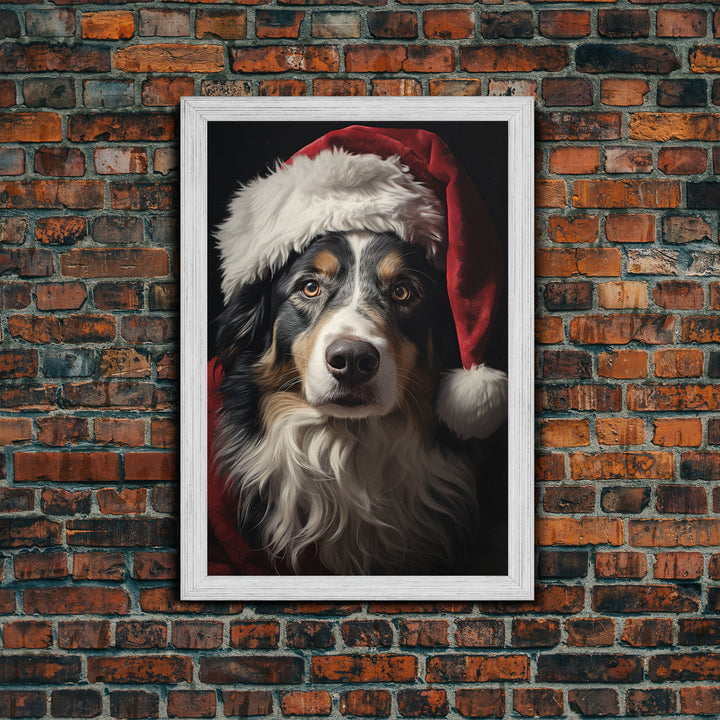 Portrait Of An Australian Shepherd In A Santa Hat, Christmas Art, Christmas Decor, Christmas Wall Art, Christmas Painting, Vintage Christmas