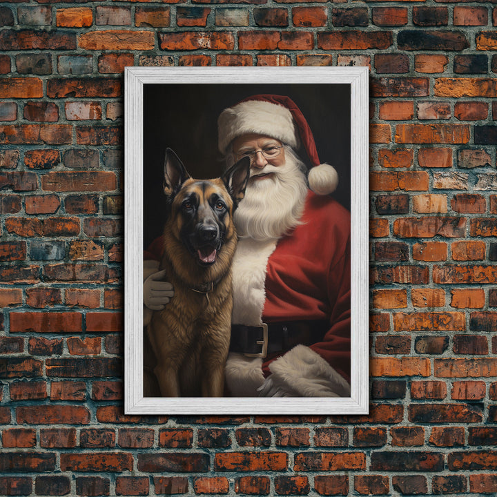 Santa Claus and his Belgian Malinois, Cute Dog Art, Framed Canvas Print, Christmas Art, Christmas Decor, Christmas Art Print, Cute Dog Print