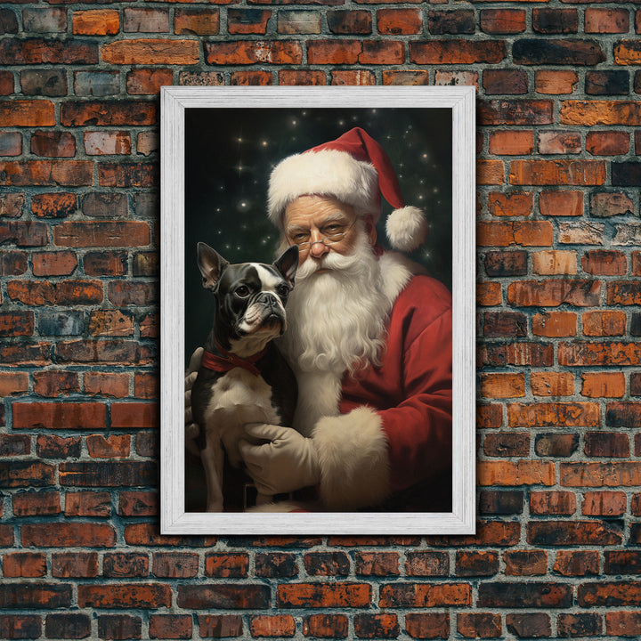 Santa Claus And His Boston Terrier, Christmas Wall Art, Dog Gift, Christmas Dog, Winter Wall Art, Santa Decor, Santa Art Print, Cute Dog