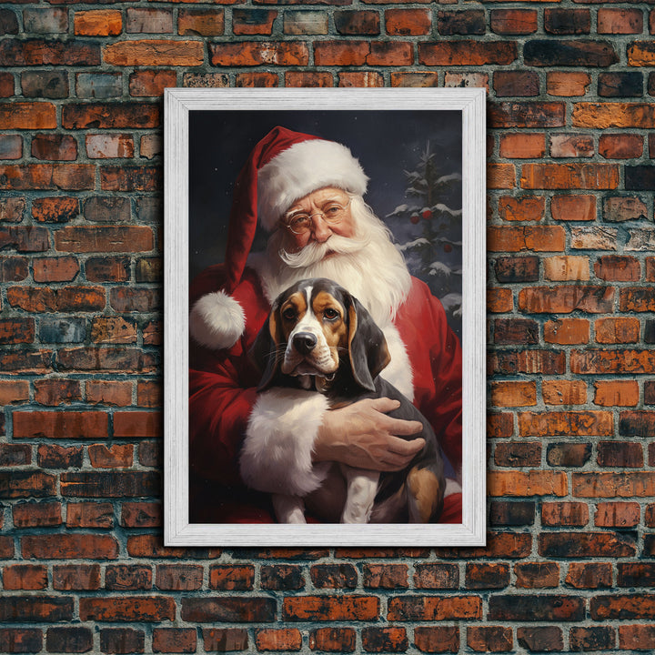 Santa Claus and his Beagle, Cute Dog Art, Framed Canvas Print, Christmas Art, Christmas Decor, Christmas Art Print, Christmas Wall Art