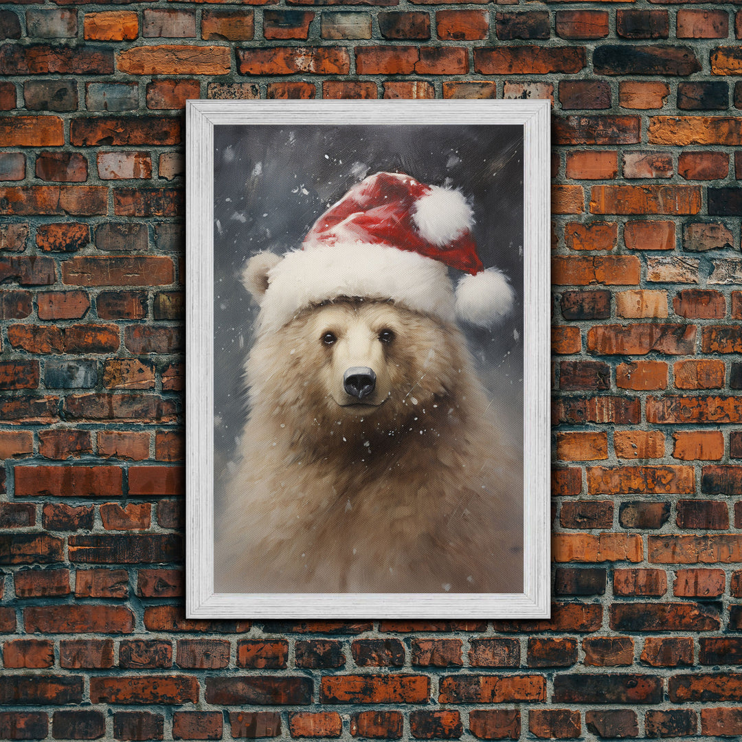 Cute Christmas Bear In A Santa Hat, Christmas Art, Christmas Decor, Christmas Wall Art, Christmas Painting, Vintage Christmas