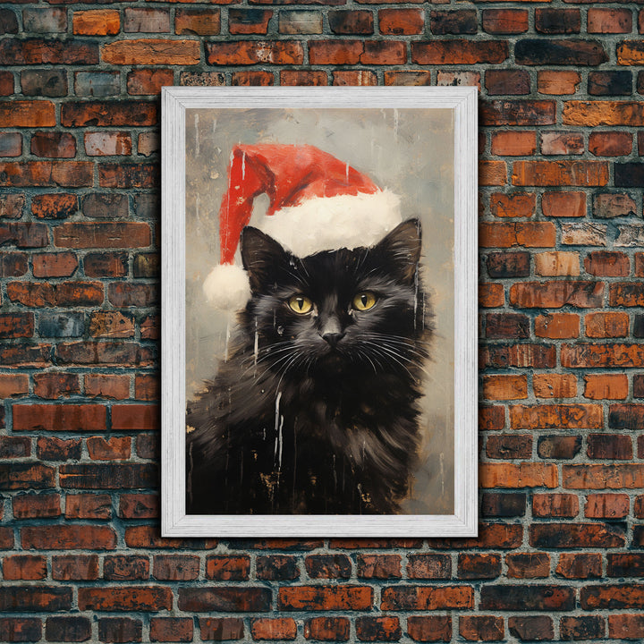 Christmas Cat In A Christmas Hat, Farmhouse Christmas, Farmhouse Decor, Framed Canvas Print, Seasonal Wall Art, Winter Decor, Christmas Art