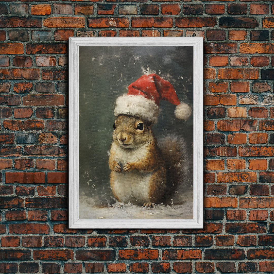Cute Christmas Squirrel In A Santa Hat, Christmas Art, Christmas Decor, Christmas Wall Art, Farmhouse Christmas, Vintage Christmas Woodland