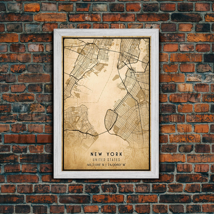 Old New York City Map Wall Art Canvas Print, Vintage Style New York City Map, Framed Wall Art, Cool NYC New York Wall Art, Office Decor