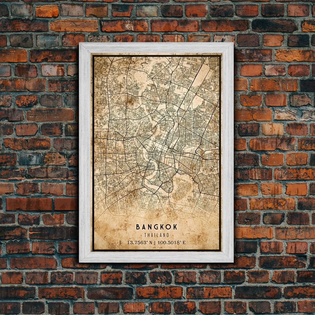 Old Bangkok City Map Wall Art Canvas Print, Vintage Style Bangkok Map, Framed Wall Art, Cool Bankok Thailand Wall Art, Office Decor