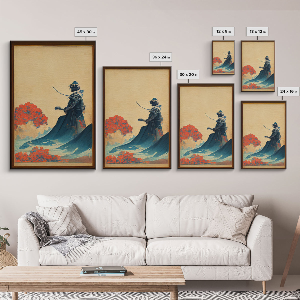 Red And Blue Japanese Samurai Warrior Wall Poster, Fine Art Print