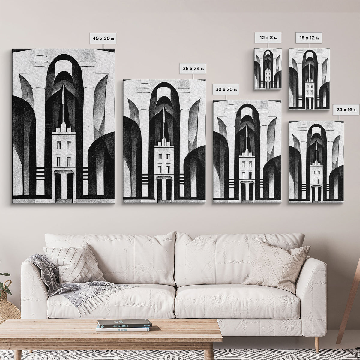 Art Deco Black And White Art Print, Art Deco Architecture, Framed Canvas Print, Ready To Hang Framed Wall Art, Living Room Wall Hanging