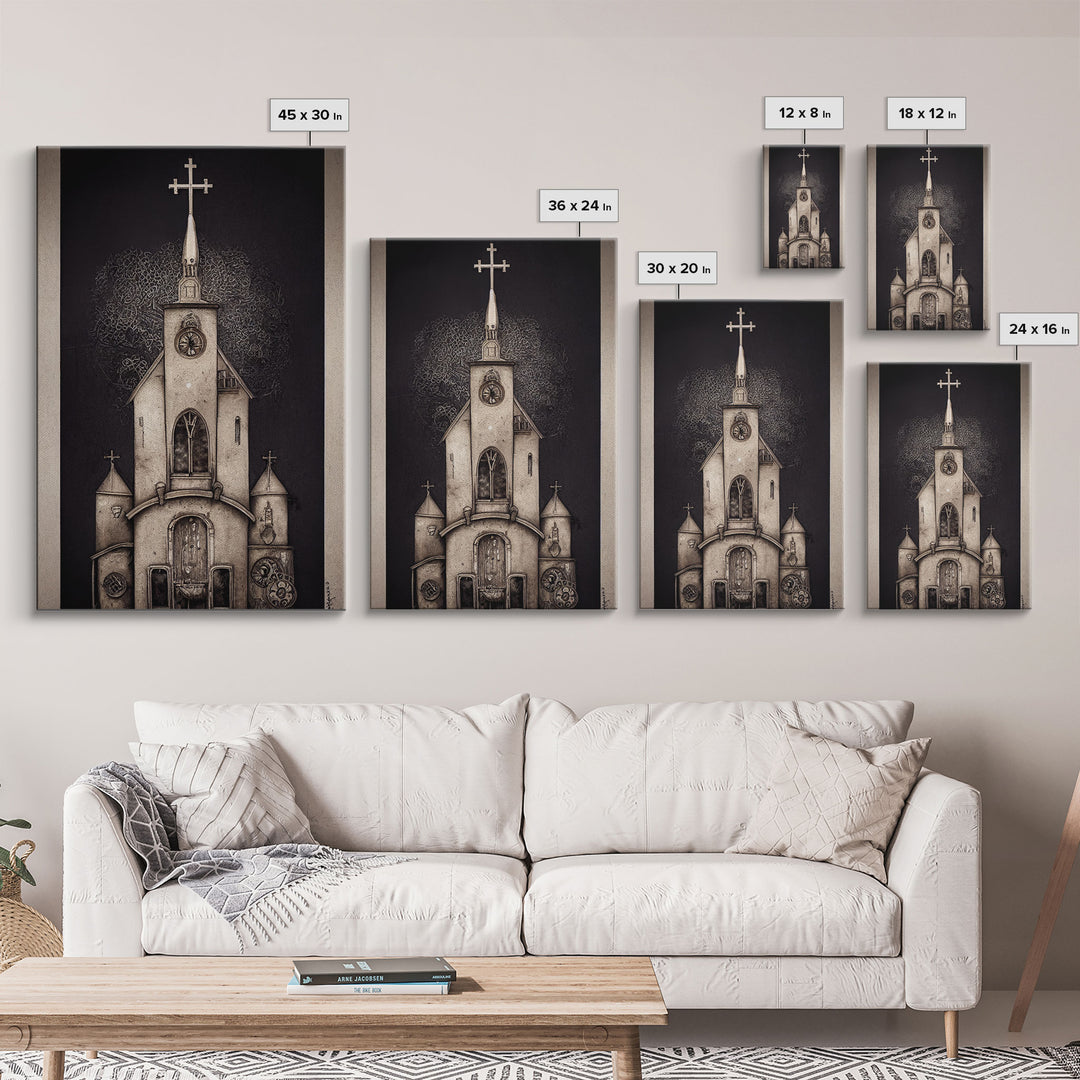 Gothic Church, Framed Canvas Print, Ready To Hang Framed Wall Art, Living Room Decor