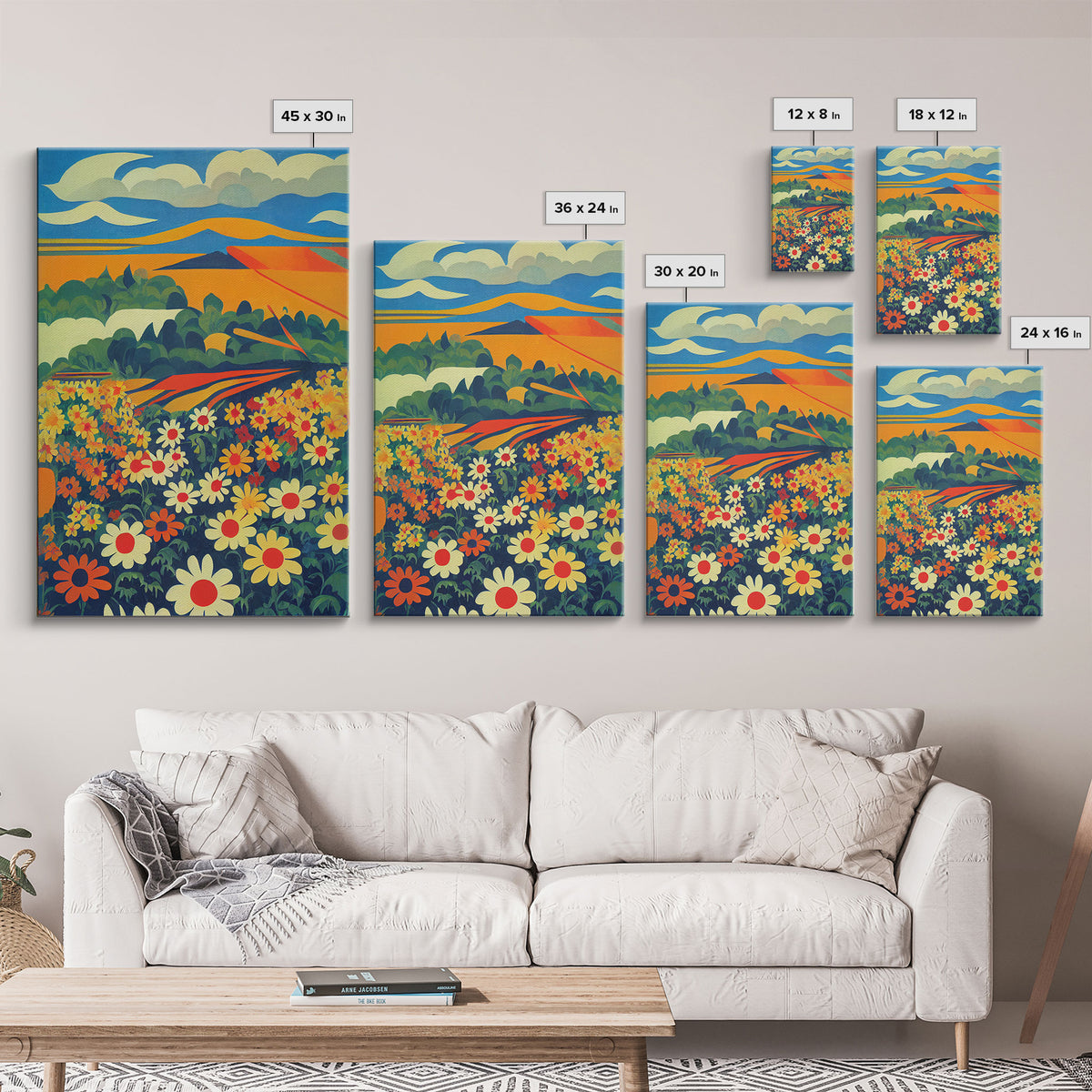 Surrealist field of daisy flowers, daisies, psychedelic art, Framed Canvas Print, Ready To Hang Framed Wall Art