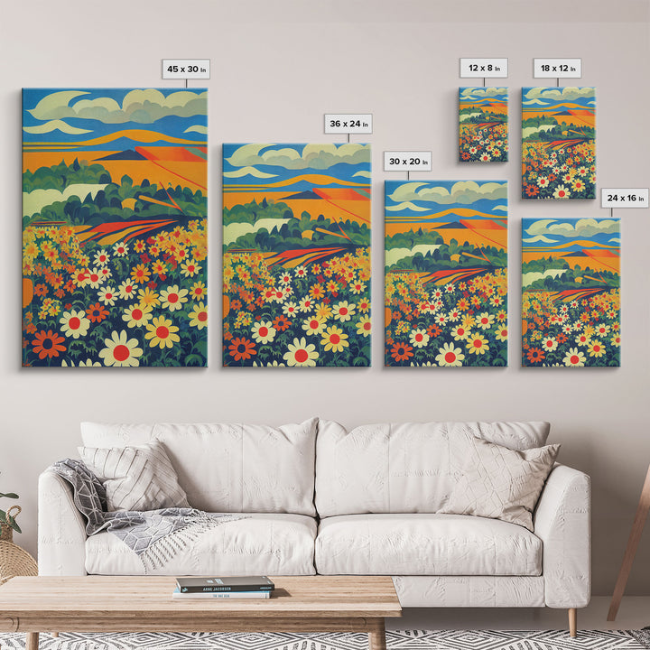 Surrealist field of daisy flowers, daisies, psychedelic art, Framed Canvas Print, Ready To Hang Framed Wall Art