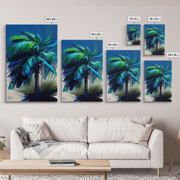 Vibrant Blue and Green Palm Tree Watercolor Canvas Print - Tropical Wall Art Home Decor Artwork