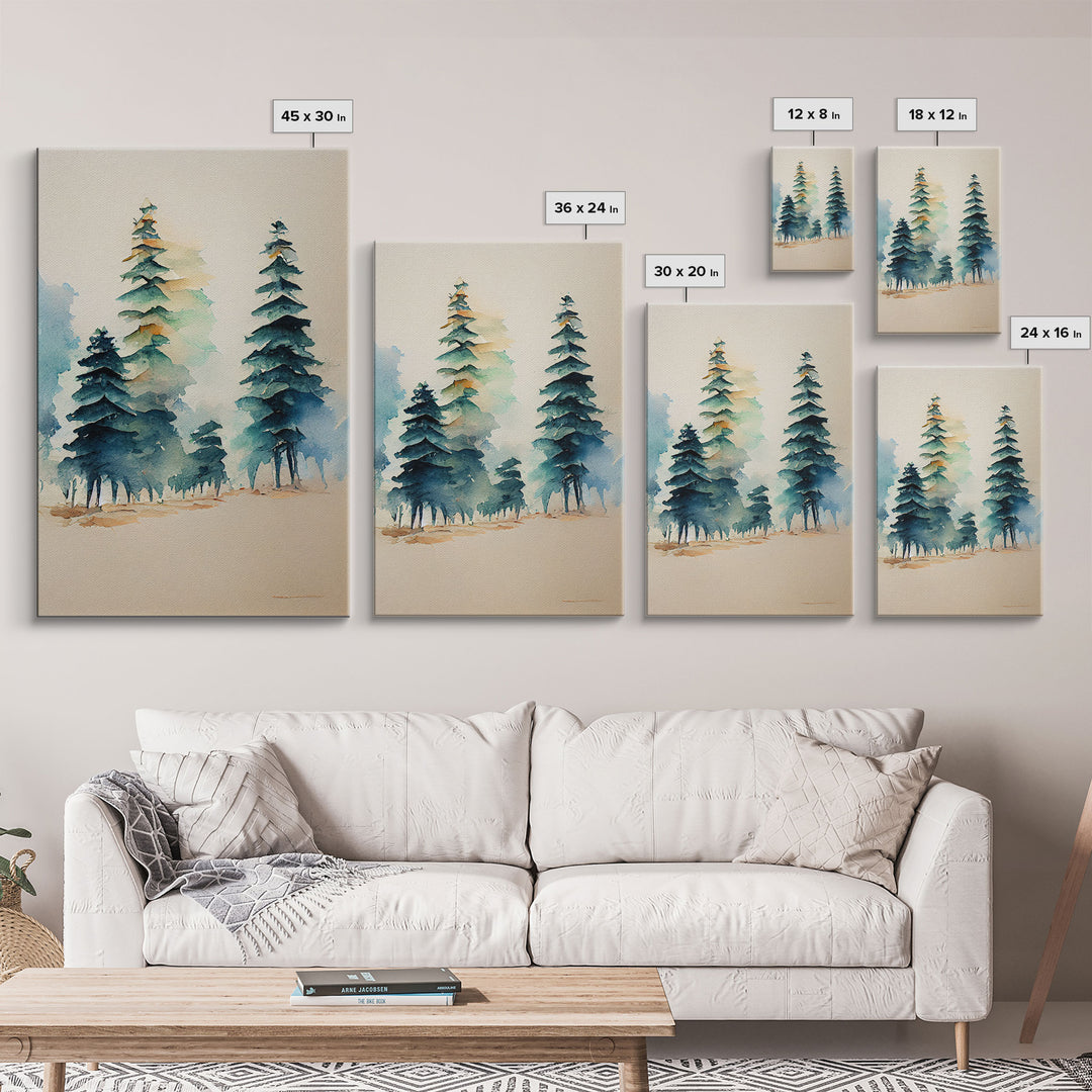 Mysterious Pine Tree Forest Watercolor Canvas Print - Nature Wall Art Home Decor Artwork, Framed Canvas Print