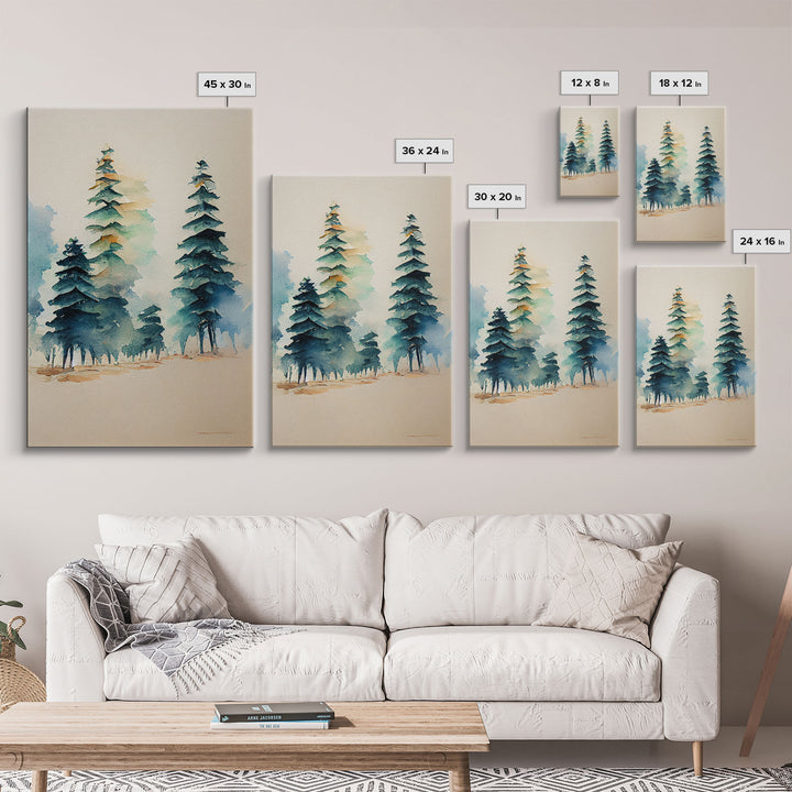 Mysterious Pine Tree Forest Watercolor Canvas Print - Nature Wall Art Home Decor Artwork, Framed Canvas Print