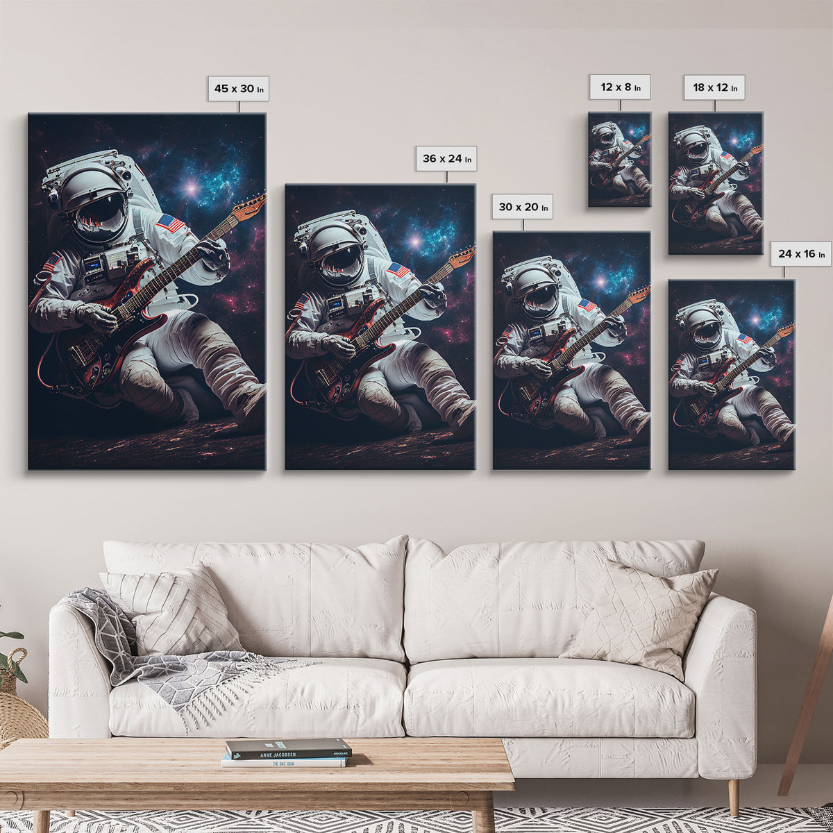 Jammin' in space, astronaut playing the guitar, framed canvas print