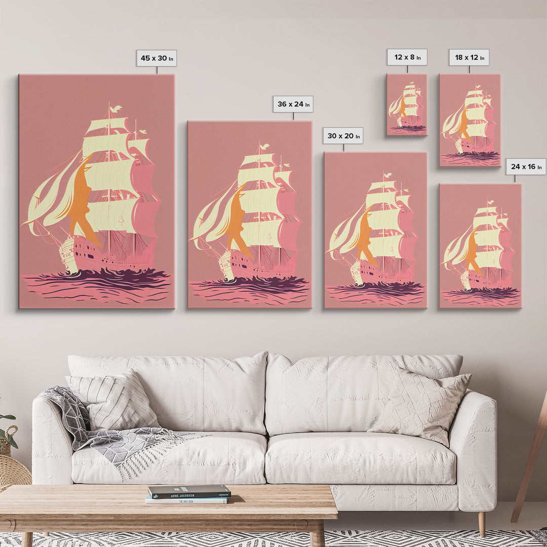Pastel pirate ship, pink boat, vaporwave pirate ship, framed canvas print, framed wall art