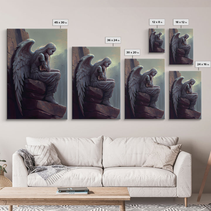 Sad angel sitting on a roof, angelic art, framed canvas print, canvas art, framed wall art