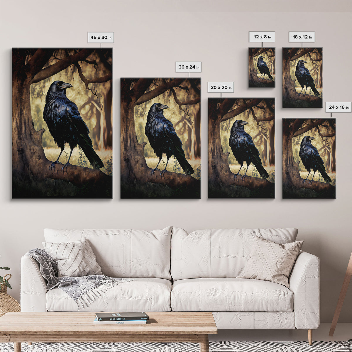 Portrait of a raven, cool crow art, framed canvas print