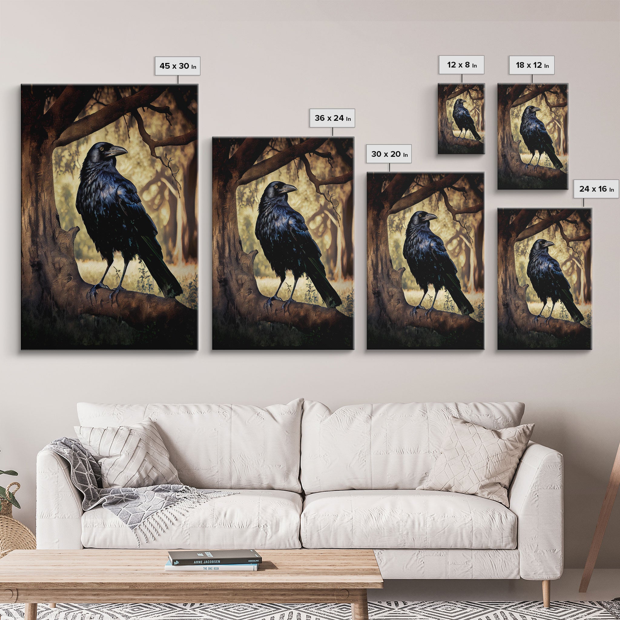 Portrait of a raven, cool crow art, framed canvas print