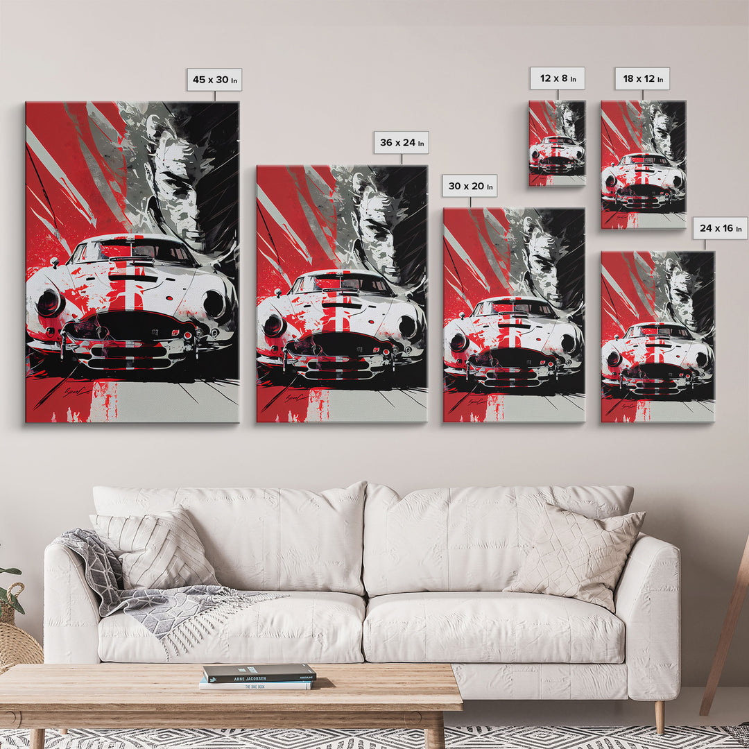 Vintage sports car graffiti art, framed canvas print, wall decor, mancave art