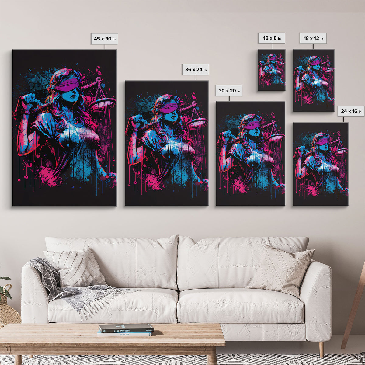 Graffiti art, lady justice, vaporwave cyberpunk justice is blind, fine art poster print