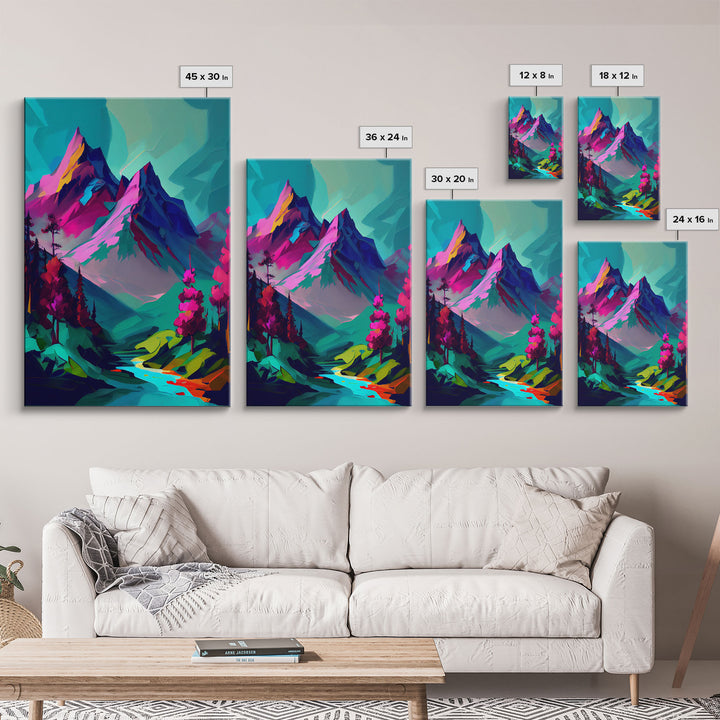 Vibrant Vaporwave Mountain Watercolor Wall Art Canvas Print - Colorful Nature Scene Artwork