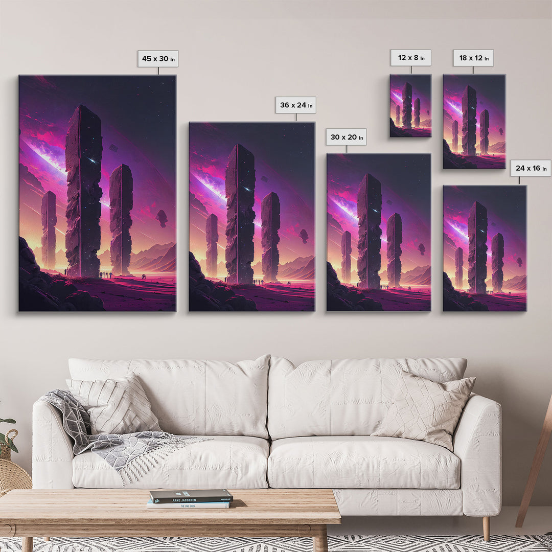The Monoliths, Scifi art, retro synthwave style alien planet art, framed canvas print