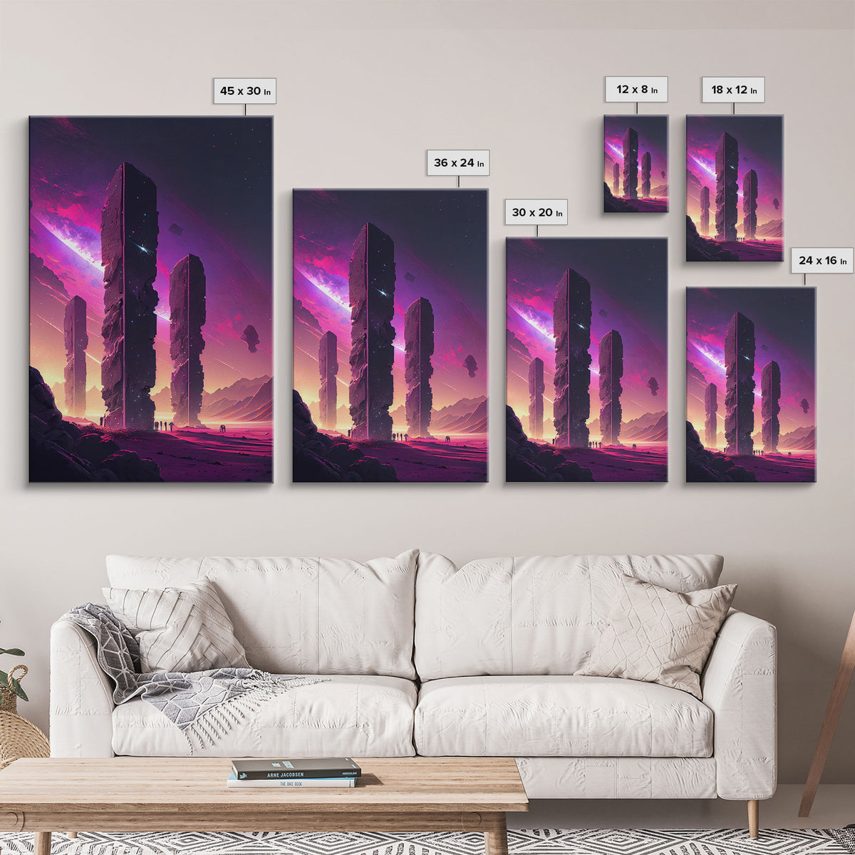 The Monoliths, Scifi art, retro synthwave style alien planet art, framed canvas print