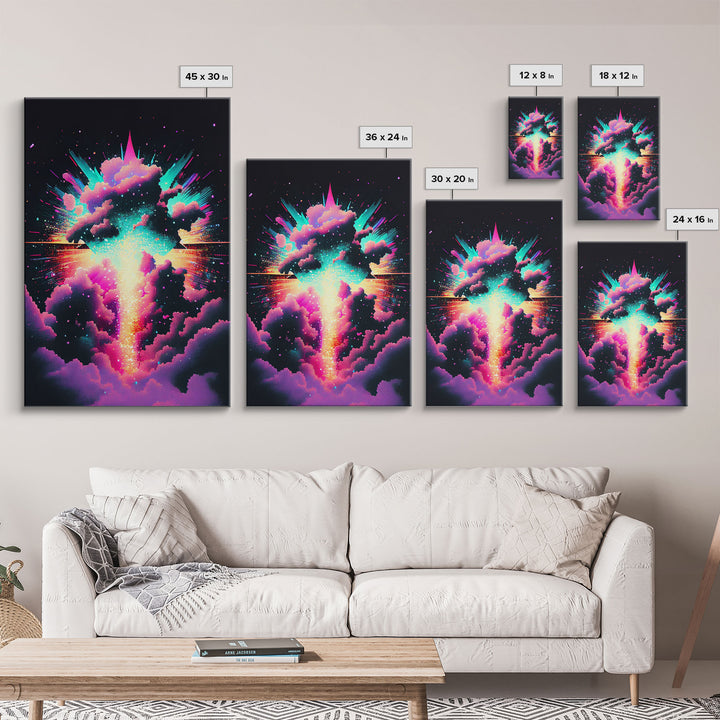 Color Pop Explosion, Vintage style art, framed canvas print, vaporwave aesthetic cloud art