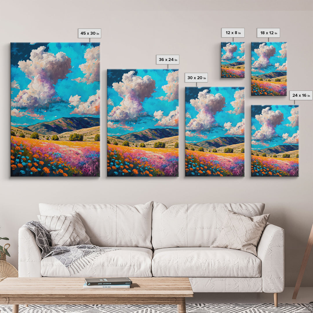 Watercolor Cloudy Day, Fields of Flowers, Framed Canvas Print, Colorful Wall Art, Minimalist Boho Style Wall Art