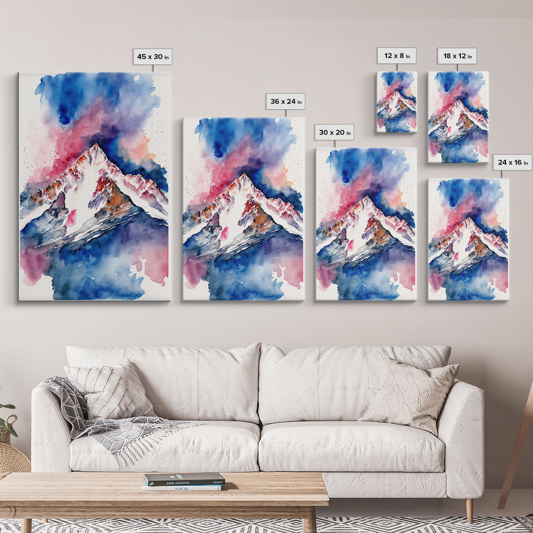 Red, White and Blue Mountain Landscape Watercolor, Framed Canvas Print, Colorful Unique Wall Art
