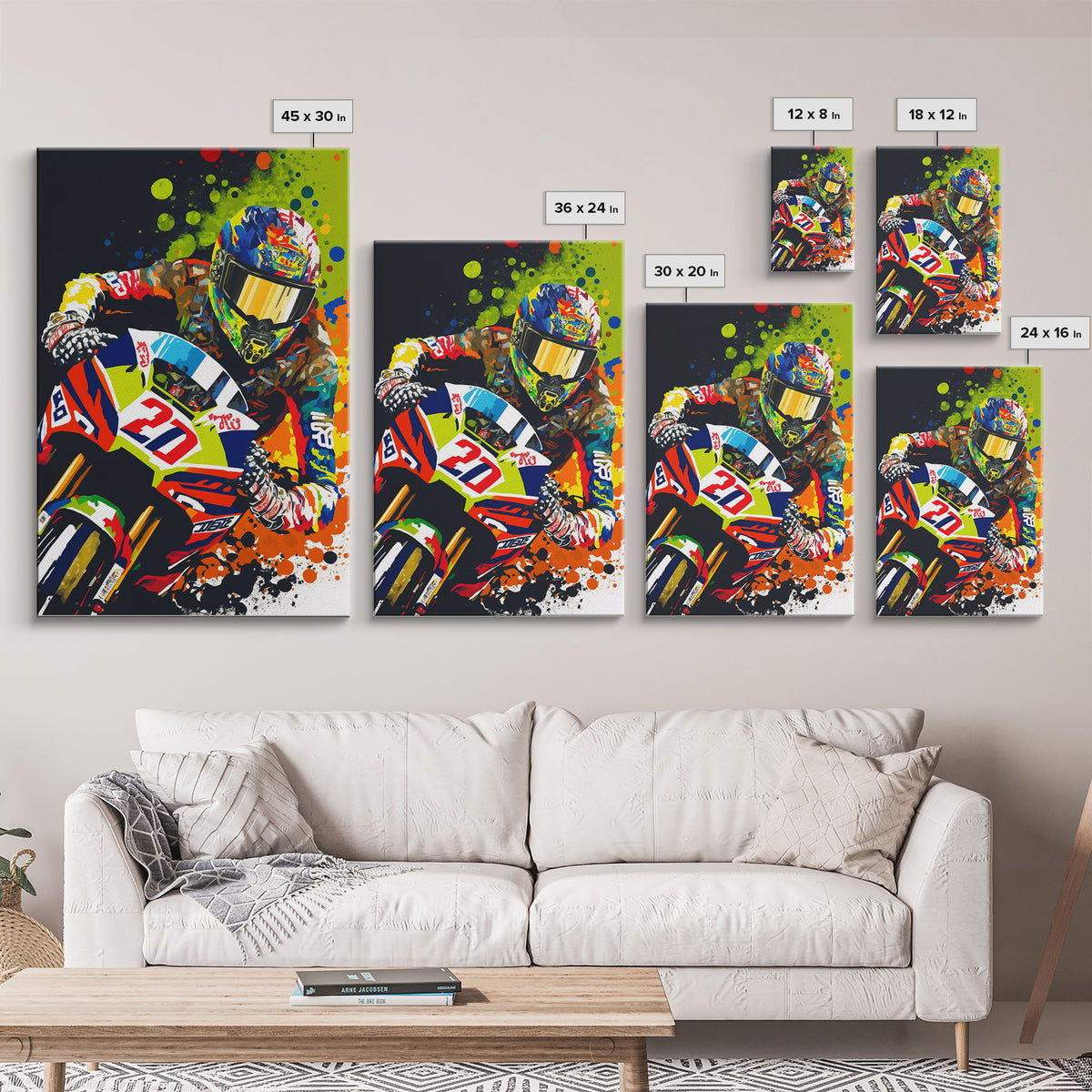 Pop Art Moto Racer, Motorcycle Art, WPAP Style, Framed Canvas Print, Graffiti style motorcycle art, dirt bike racer art