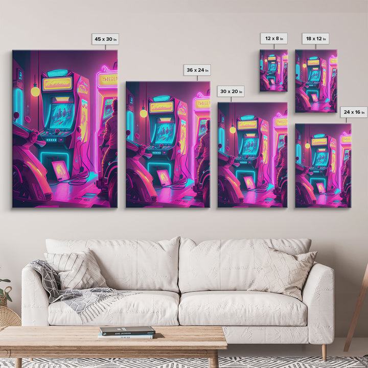 Game Room Decor, Framed Canvas Print, Synthwave Arcade, Boys Room, Gamer Gift, Gaming Wall Art, Video Game Posters, Teen Room