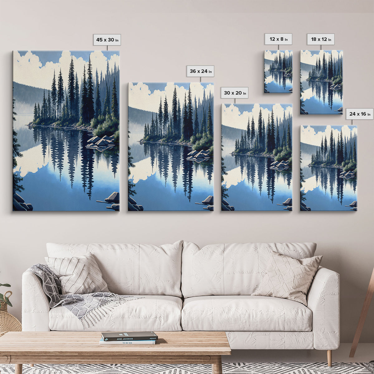 Washington State Pine Tree Forest and Lake Reflection, Framed Canvas print, watercolor painting print, unique living room wall art