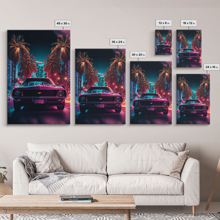 American Muscle Car on Sunset Strip, Retro Synthwave Art, Framed Canvas Print, Gift For Him, Muscle Car Art