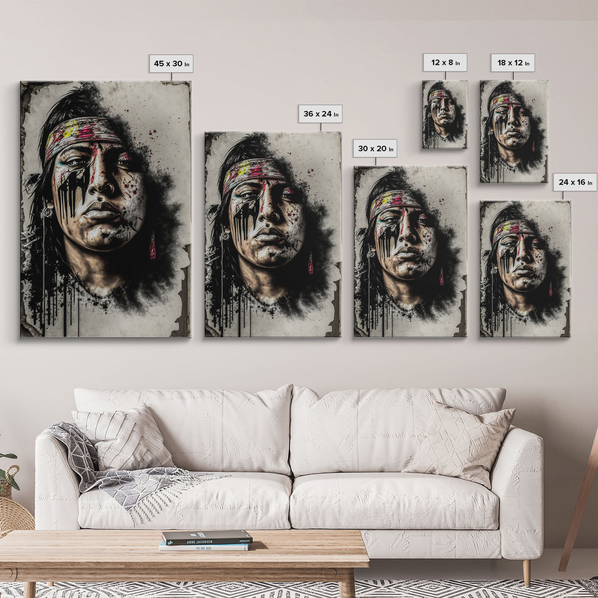 Brutal Graffiti Art, Native American Warriors Portrait, Framed Canvas Print