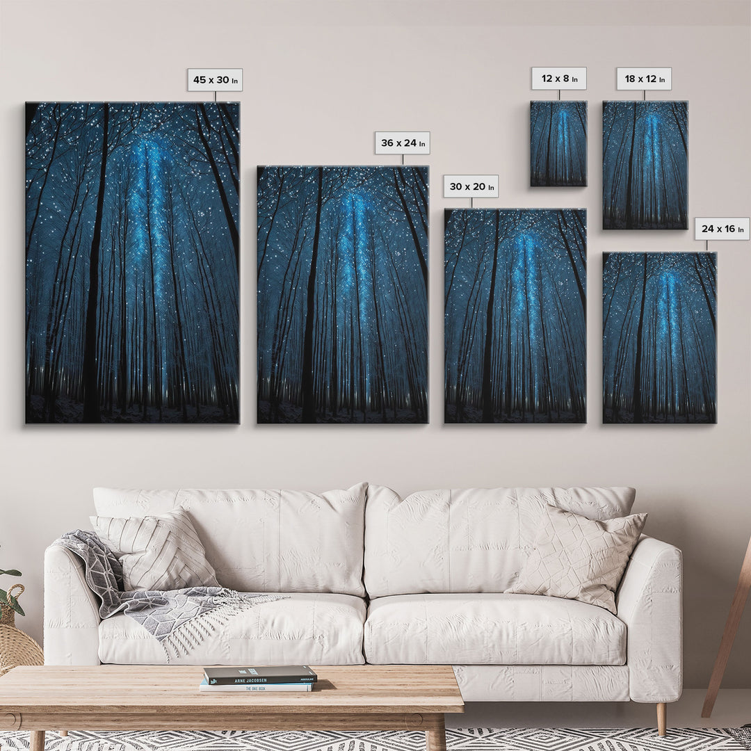 Birch Tree Forest At Night, Starry Night Sky, Framed Canvas Print, Boho Minimalist Farmhouse Decor, Primitive Art